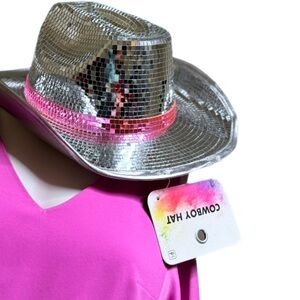 Disco Cowboy Hat with Pink Band - Beyoncé Disco Hat - Real Glass Mirror Tiles